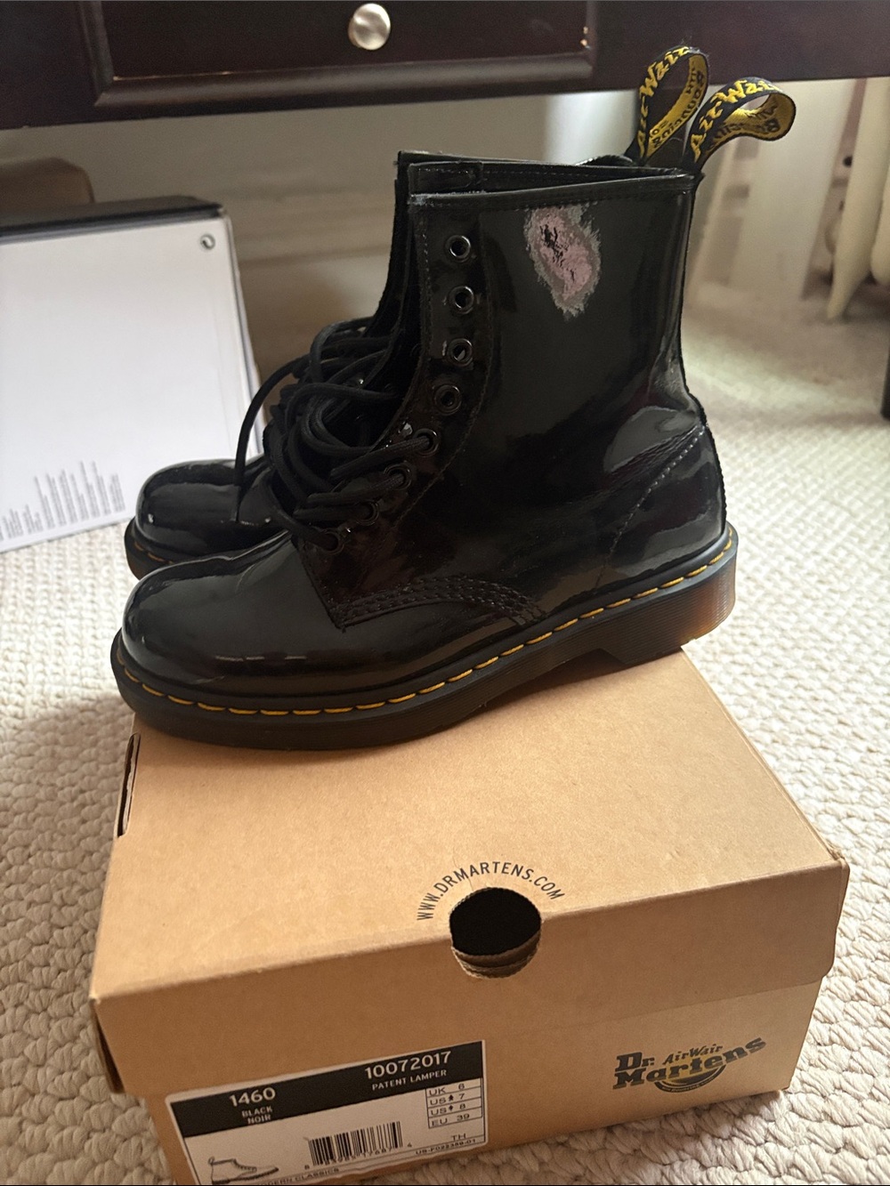 Dr. Martens Black Patent Lace-Up Combat Boots with Yellow Stitching